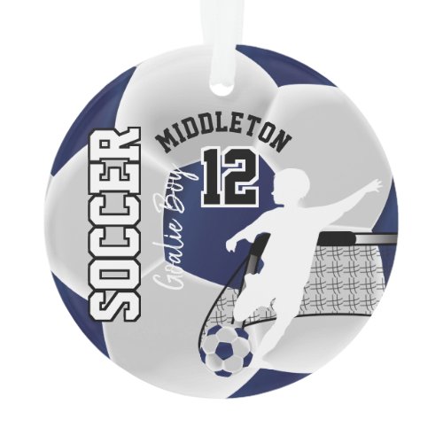 Dark Blue and White Soccer Goalie Boy Ornament