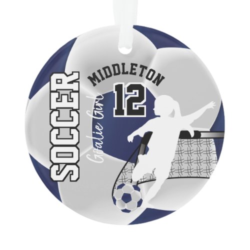 Dark Blue and White Soccer ⚽ Goalie Girl Ornament