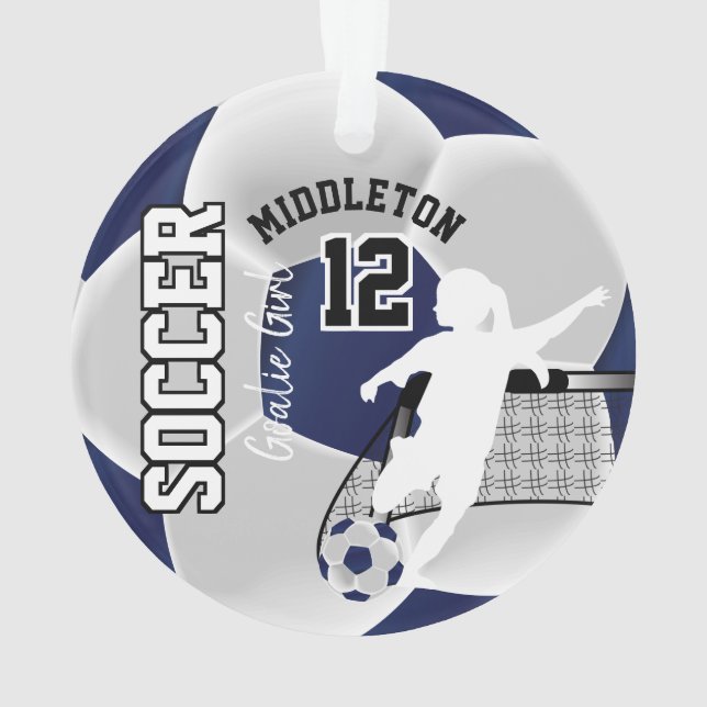 Dark Blue and White Soccer ⚽ Goalie Girl Ornament (Back)