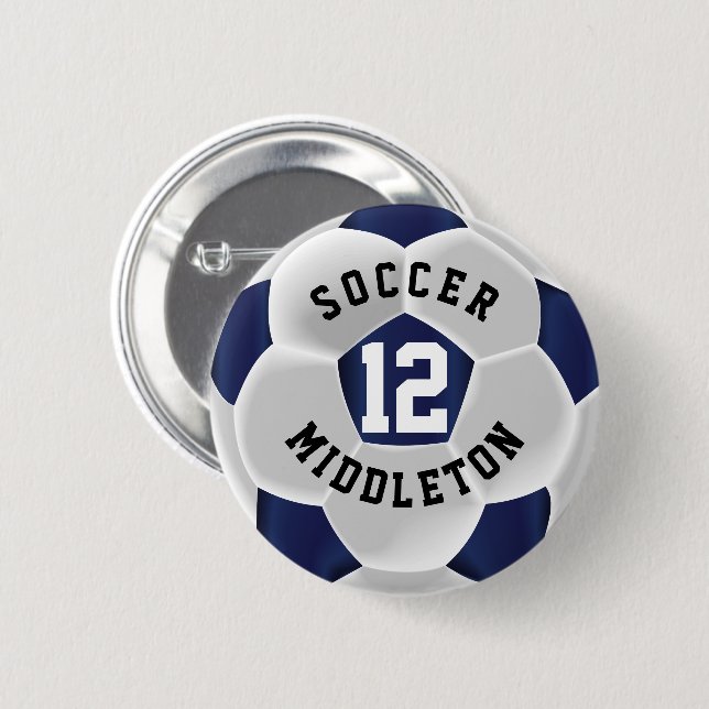 Dark Blue and White Soccer Sport Ball Button (Front & Back)