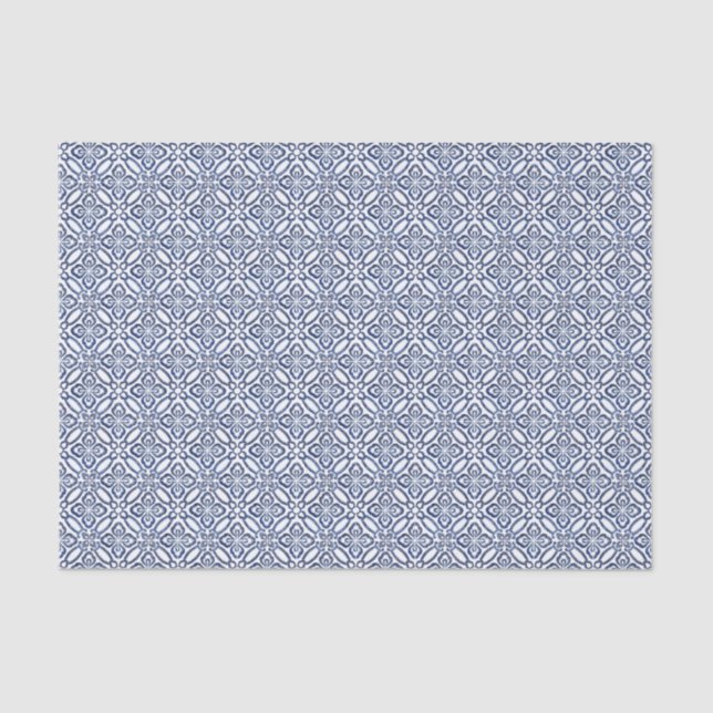 Dark Blue And White Spanish Azulejo Tile Pattern Tissue Paper (Front)