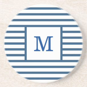 Dark Blue and White Stripes Custom Monogram Coaster