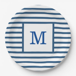 Dark Blue and White Stripes Custom Monogram Paper Plates