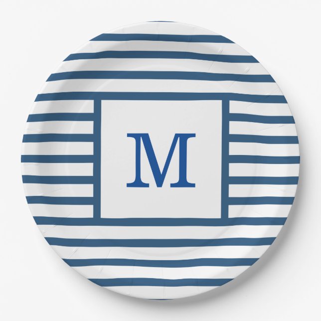 Dark Blue and White Stripes Custom Monogram Paper Plates (Front)