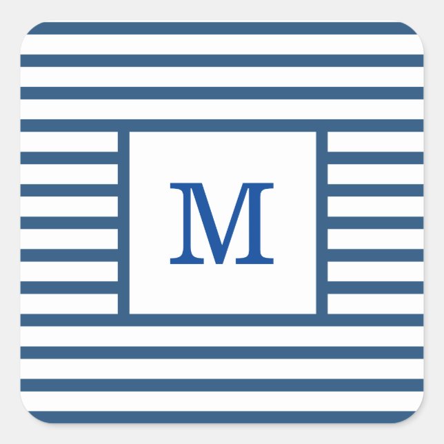Dark Blue and White Stripes Custom Monogram Square Sticker (Front)