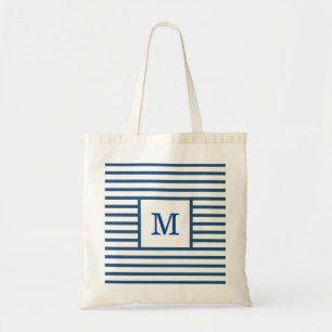 Dark Blue and White Stripes Custom Monogram Tote Bag