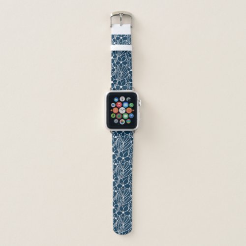 Dark Blue and White Tropical Flowers Apple Watch Band