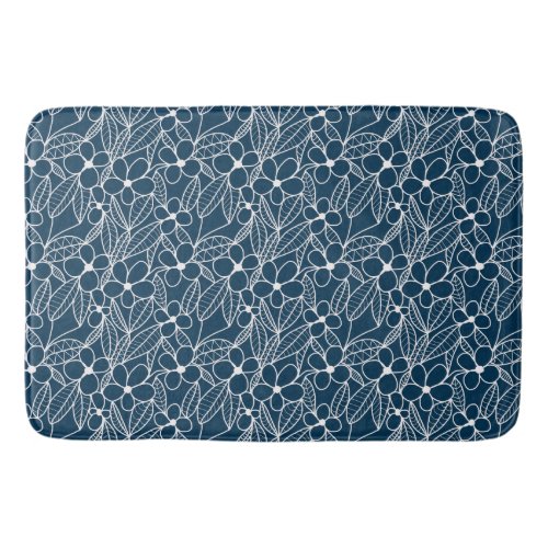 Dark Blue and White Tropical Flowers Bath Mat