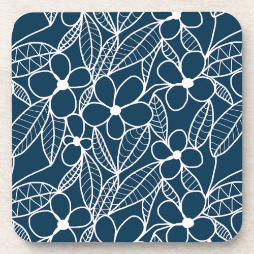 Dark Blue and White Tropical Flowers Beverage Coaster