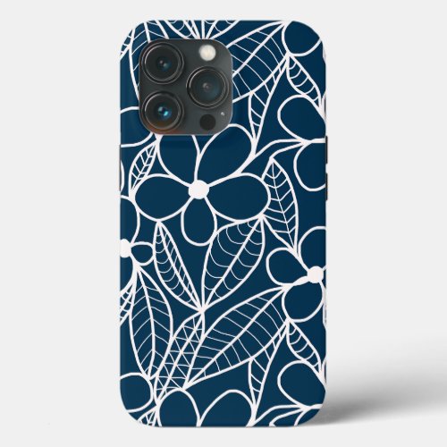 Dark Blue and White Tropical Flowers iPhone 13 Pro Case