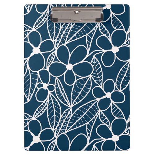 Dark Blue and White Tropical Flowers Clipboard