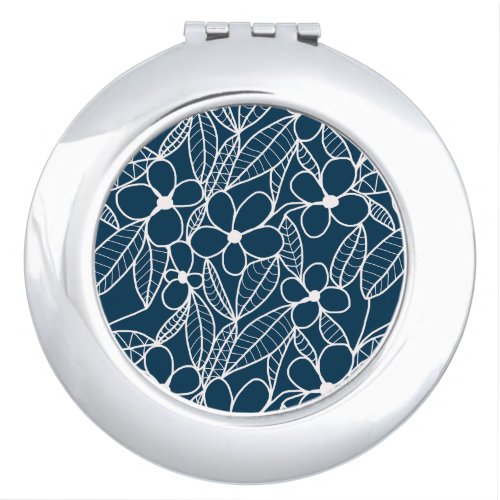 Dark Blue and White Tropical Flowers Compact Mirror