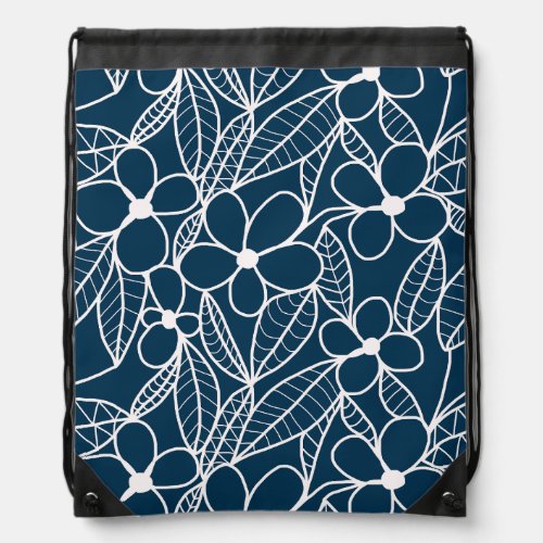 Dark Blue and White Tropical Flowers Drawstring Bag