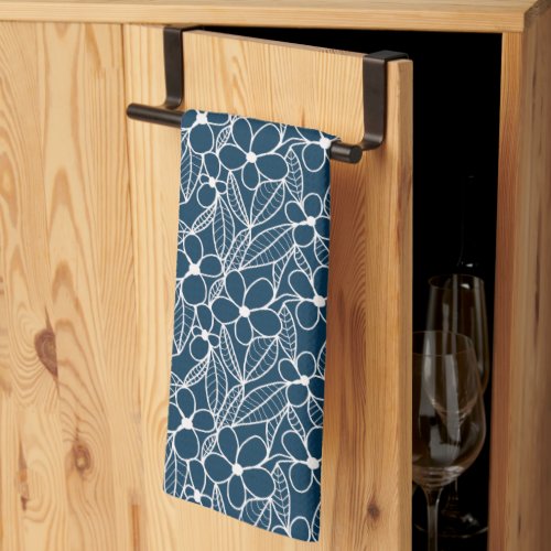 Dark Blue and White Tropical Flowers Kitchen Towel