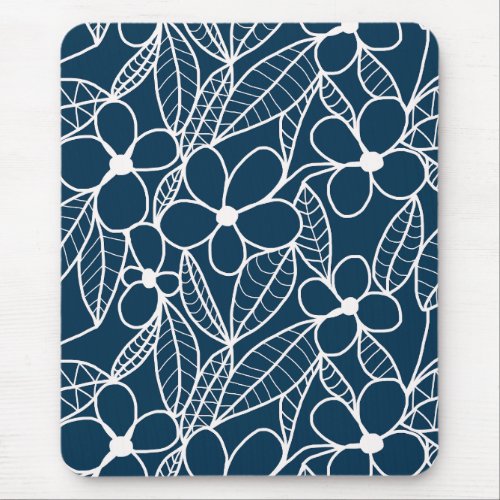 Dark Blue and White Tropical Flowers Mouse Pad