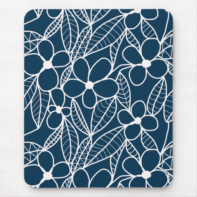Dark Blue and White Tropical Flowers Mouse Pad (Front)