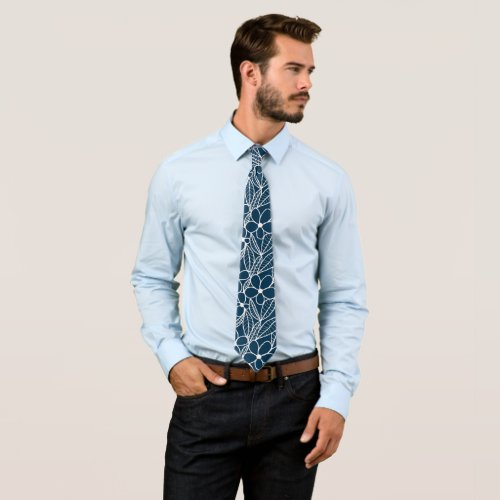 Dark Blue and White Tropical Flowers Neck Tie