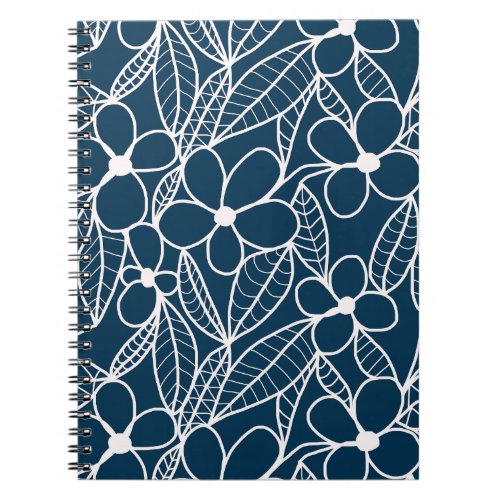 Dark Blue and White Tropical Flowers Notebook