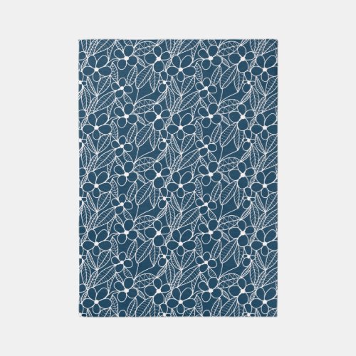 Dark Blue and White Tropical Flowers Outdoor Rug