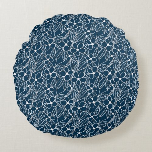 Dark Blue and White Tropical Flowers Round Pillow