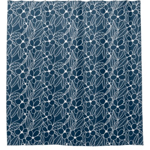 Dark Blue and White Tropical Flowers Shower Curtain