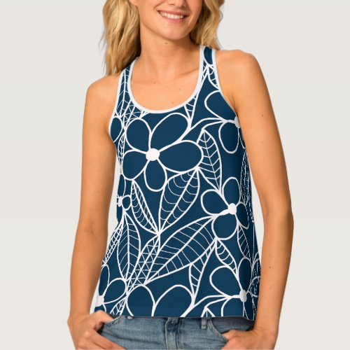 Dark Blue and White Tropical Flowers Tank Top