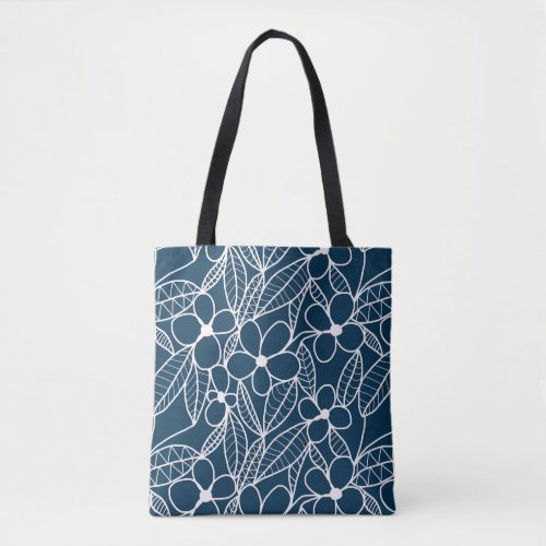 Dark Blue and White Tropical Flowers Tote Bag