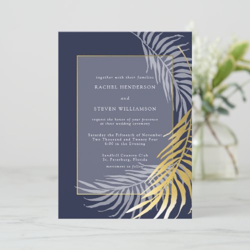 Dark Blue and White Tropical Wedding Invitation