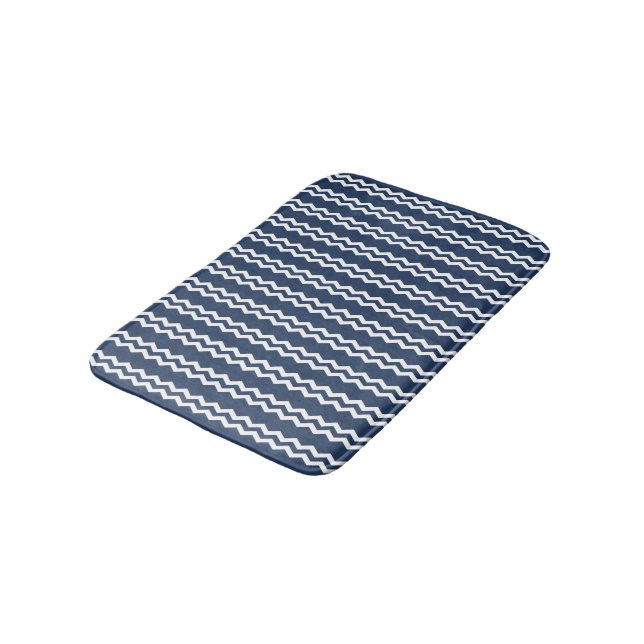 Dark Blue and White Vertical Chevron Design Bathroom Mat (Angled)