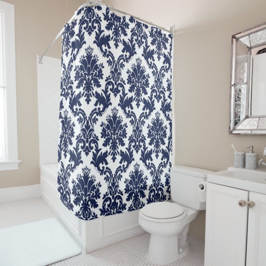 Dark-blue and white vintage damasks pattern shower curtain