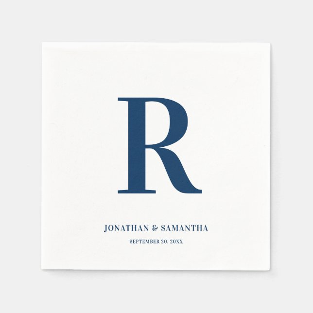 Dark Blue and White Wedding Monogram Modern Napkins (Front)
