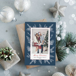 Dark blue and white winter foliage photo holiday card