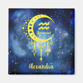 Dark Blue and Yellow Custom Name Aquarius Magnet
