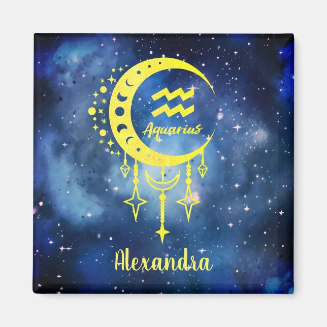 Dark Blue and Yellow Custom Name Aquarius Magnet (Front)