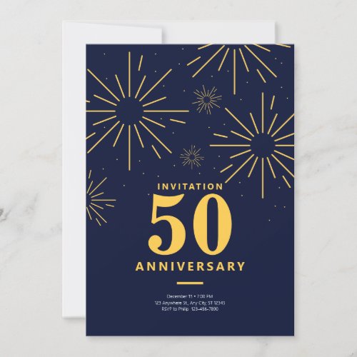 Dark Blue and Yellow Fireworks 50th Anniversary Invitation