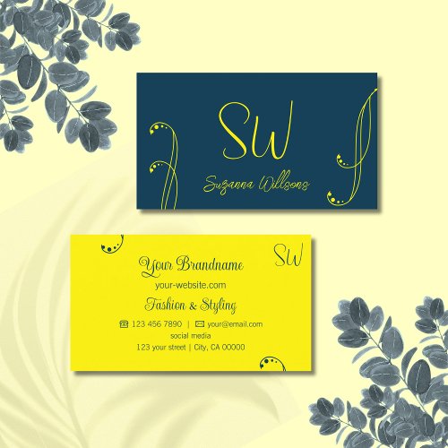 Dark Blue and Yellow Modern Ornate with Monogram Business Card