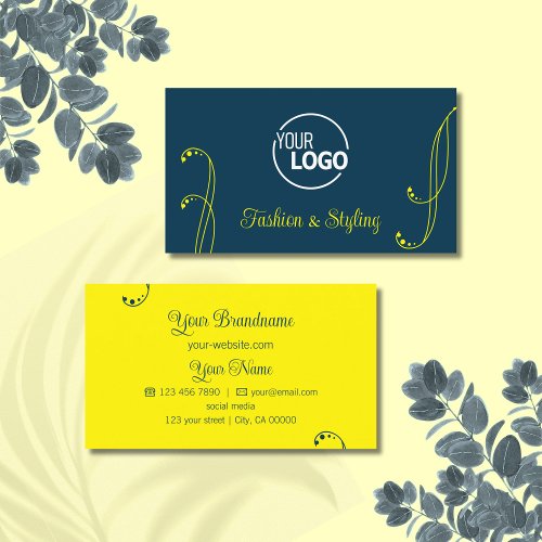 Dark Blue and Yellow Ornamental with Logo Ornate Business Card