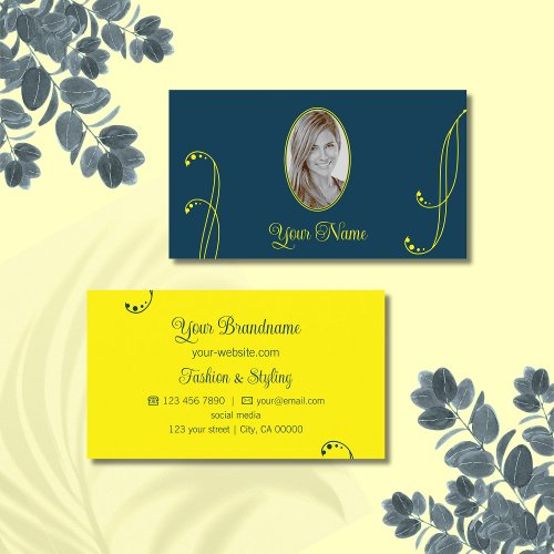 Dark Blue and Yellow Ornate with Portrait Photo Business Card