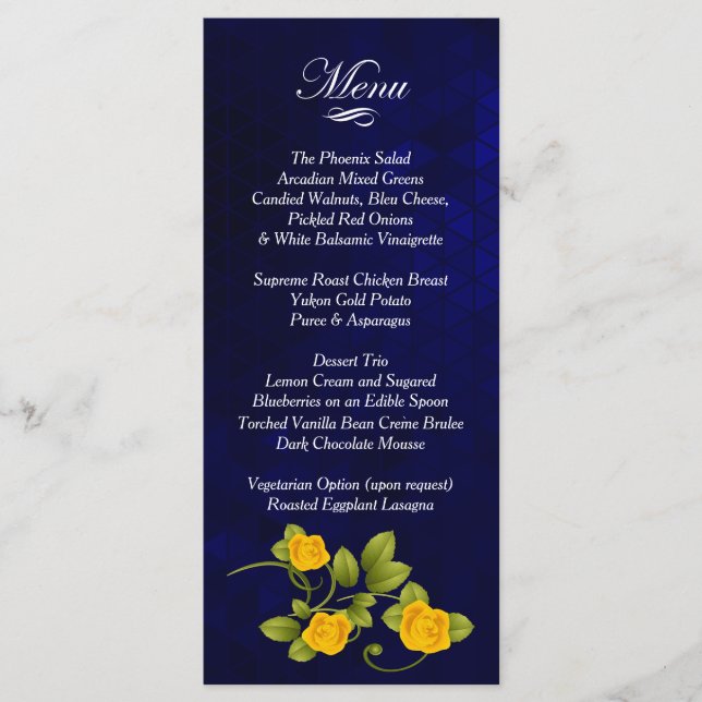 Dark Blue and Yellow Rose Wedding Menu (Front)