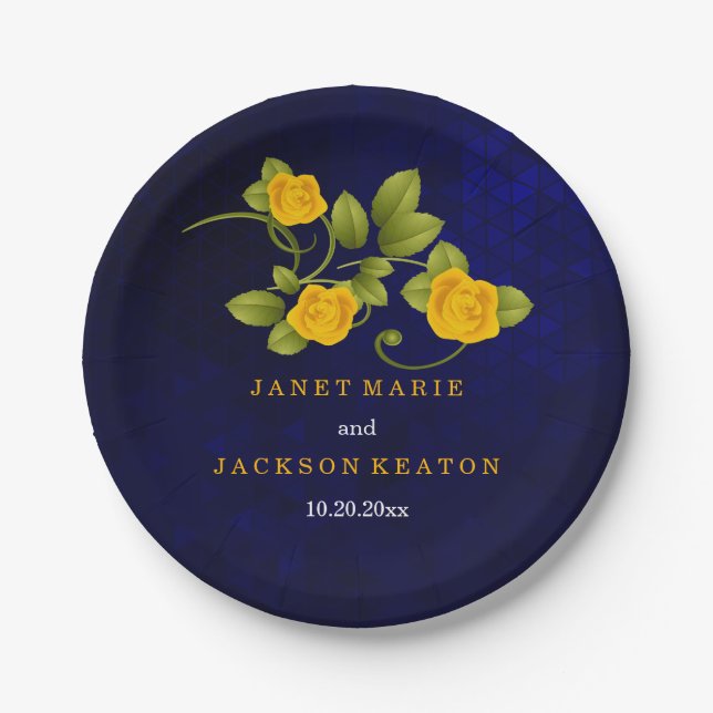 Dark Blue and Yellow Rose Wedding Paper Plates (Front)