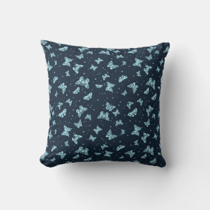 Dark blue aqua vintage butterfly motif pattern throw pillow