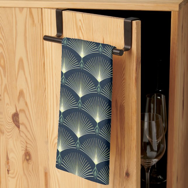Dark Blue Art Deco Stylish Geometric Pattern  Kitchen Towel (Thirds Fold)
