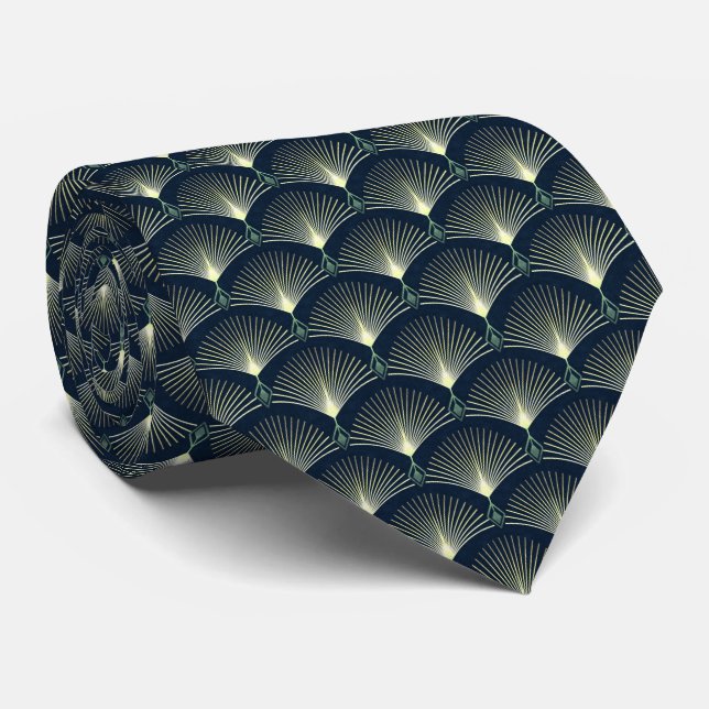 Dark Blue Art Deco Stylish Geometric Pattern  Neck Tie (Rolled)