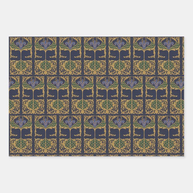 Dark Blue Art Nouveau Old Book Wrapping Paper Sheets (Front)