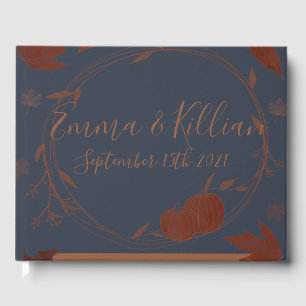 Dark Blue Autumn Pumpkins & Leaves Guest Book