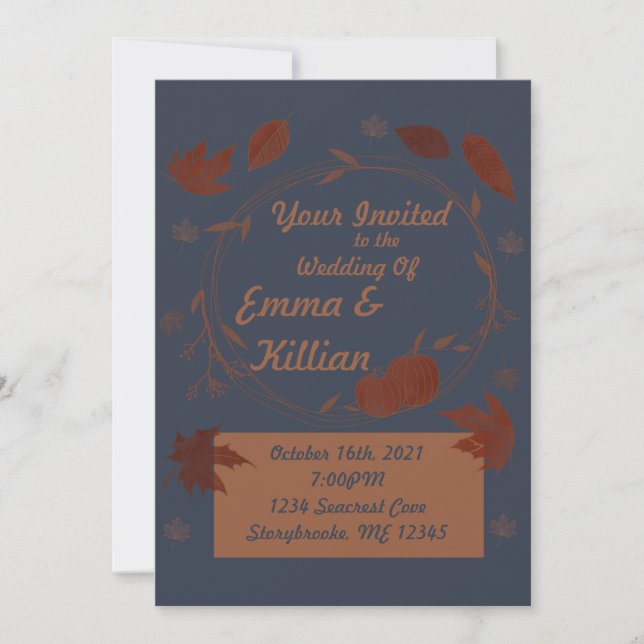 Dark Blue Autumn Pumpkins & Leaves  Invitation (Front)