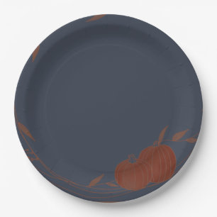 Dark Blue Autumn Pumpkins & Leaves Paper Plates