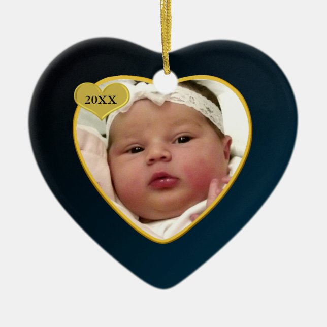 Dark Blue Baby's First Christmas Photo Heart Ceramic Ornament (Front)