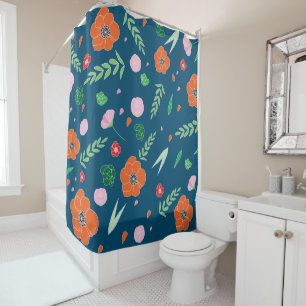 Dark blue Background Colorful Floral Pattern Shower Curtain