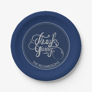 Dark Blue Background Silver Glitter-Thanksgiving Paper Plates